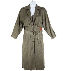 Together Women 8 Military Style Trench Coat Olive Green Leather Trim Grunge Goth